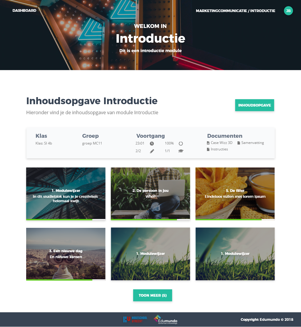 Edubook leeromgeving / module-inhoudsopgave ná redesign (2018)