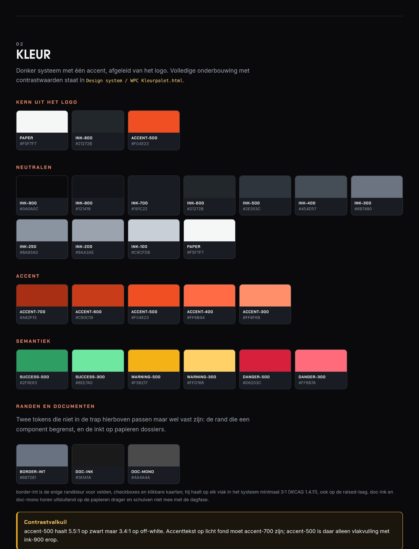 Kleursysteem uit de nieuwe styleguide, donkere neutralentrap met één oranje accent