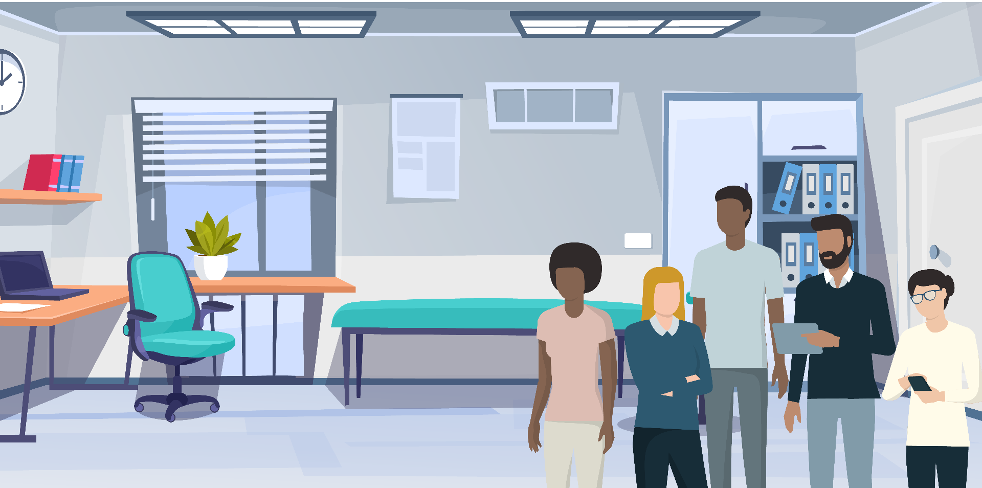 Edumundo app illustratie, gebruikers in een kantooromgeving